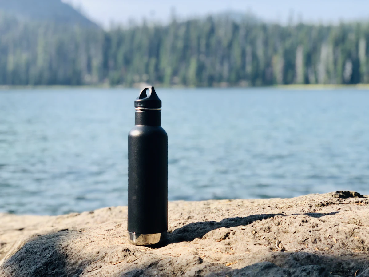 A black bottle standing on a rock beside a mountain lake