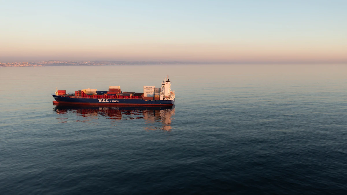 A container ship on a still sea at dusk