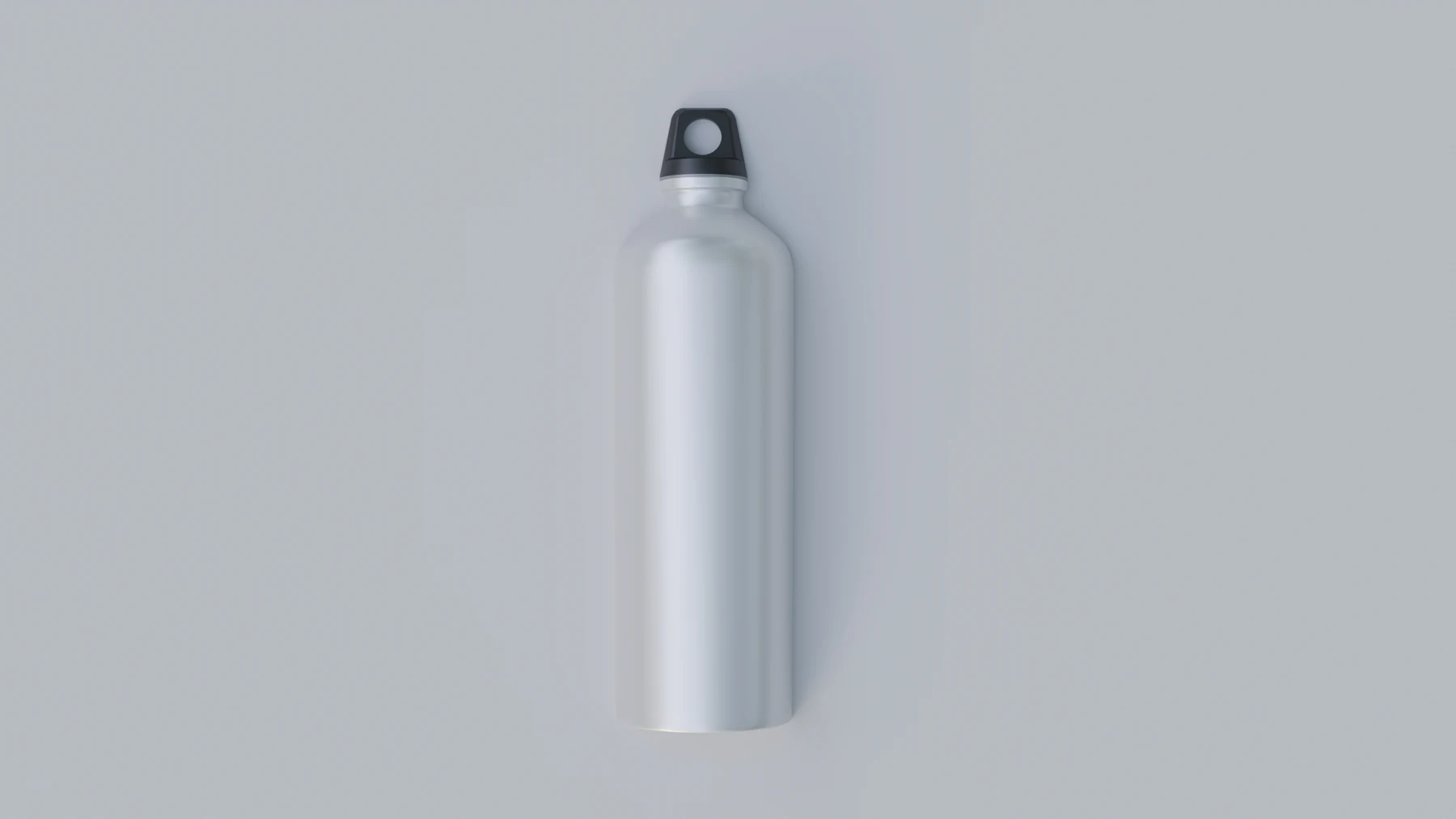 A brushed aluminium bottle with a black loop cap on a soft grey backdrop
